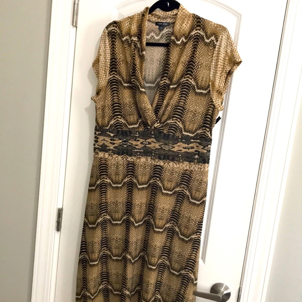 Elegant Black/tan snake Patterned Dress with cap sleeves & wrap shawl V neck